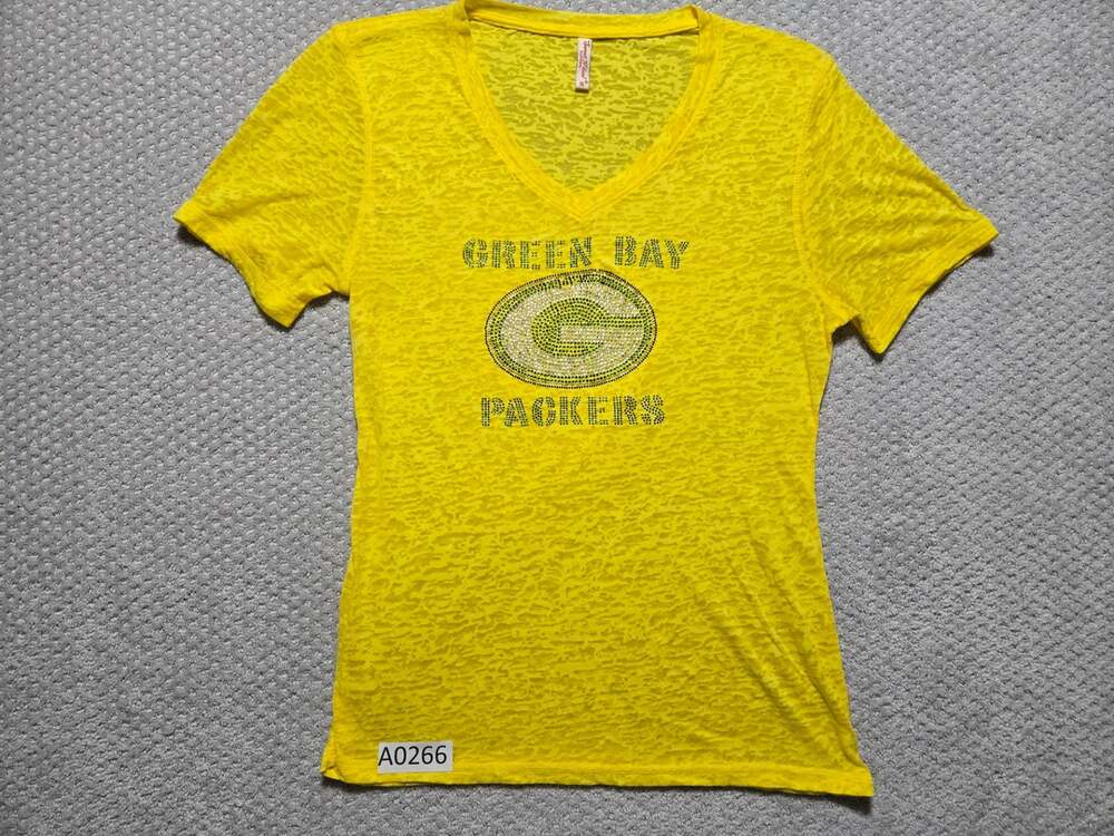 Sweet N Kool Outfitters Green Bay Packers Rhinestone V-Neck Burnout Shirt Womens